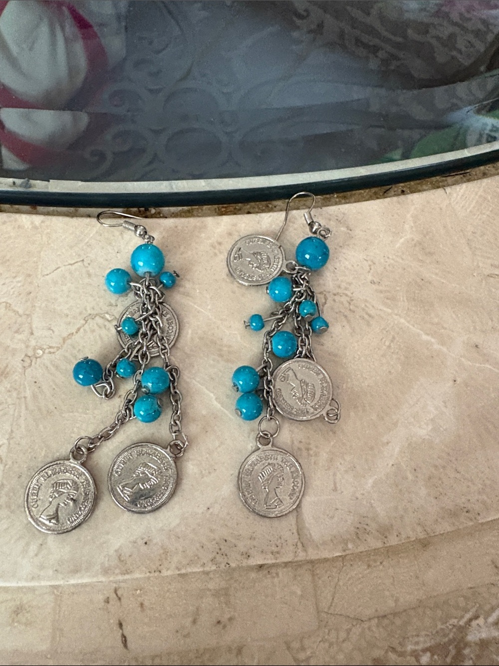 Turquoise Bead Coin Dangle Earrings - Women Jewelry